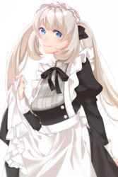  akapug621 apron bad_id bad_pixiv_id black_ribbon blue_eyes cowboy_shot dress_shirt fate/grand_order fate_(series) female floating_hair grey_shirt hair_ribbon long_hair long_sleeves looking_at_viewer maid maid_headdress marie_antoinette_(animejapan_2016)_(fate) marie_antoinette_(fate) neck_ribbon official_alternate_costume ribbon shirt simple_background smile solo standing twintails very_long_hair white_apron white_background white_hair 