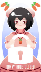  animal_ears black_hair blush brown_eyes bunny_ears carrot carrot_necklace commentary cowboy_shot dress english english_commentary highres holding inaba_tewi lock looking_at_viewer outline phone_wallpaper pink_dress puffy_short_sleeves puffy_sleeves ribbon-trimmed_dress ribbon_trim short_hair short_sleeves smile solo touhou white_background white_outline yoruny 