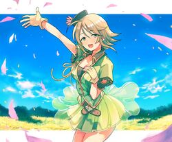  :d armband belt blonde_hair blue_sky breasts brown_gloves buttons cleavage cloud collarbone commentary_request cowboy_shot day female field fingerless_gloves flower flower_field gloves green_eyes green_hat green_jacket green_skirt hand_on_own_chest hat hat_flower idolmaster idolmaster_cinderella_girls jacket looking_at_viewer md5_mismatch medium_breasts open_mouth outdoors petals pleated_skirt round_teeth short_hair short_sleeves sixi_p skirt sky smile solo standing teeth thighs umeki_otoha 