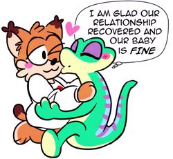  anthro blush bubsy bubsy_(series) cuteosphere duo english_text fur gecko gex_(series) gex_the_gecko green_body green_scales lizard low_res orange_body orange_fur reptile scales scalie simple_background text white_background 