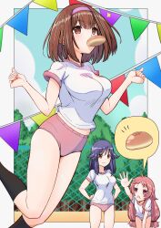  3girls absurdres bloomers bob_cut bread_bun breasts brown_eyes brown_hair chain-link_fence closed_mouth fence goro_yuuharu gym_shirt gym_shorts gym_uniform hair_between_eyes hairband hand_on_own_hip highres jumping large_breasts leaning_forward light_smile long_hair looking_up low-tied_long_hair low_twintails makoto_(princess_connect!) makoto_(real)_(princess_connect!) multiple_girls outdoors outstretched_hand pink_bloomers pink_eyes pink_hair pink_hairband princess_connect! purple_hair rin_(princess_connect!) rin_(real)_(princess_connect!) shirt short_hair short_sleeves shorts sidelocks standing twintails very_long_hair yellow_eyes yui_(princess_connect!) yui_(real)_(princess_connect!) 