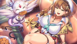  :3 aqua_neckerchief atelier_(series) atelier_ryza atelier_ryza_2 beret breasts brown_eyes brown_hair cleavage closed_eyes collarbone collared_shirt commentary_request cookie eating female fi_(atelier) food forehead_jewel gloves hat highres holding holding_cookie holding_food huge_breasts jewelry key key_necklace neckerchief necklace open_mouth partially_fingerless_gloves red_shorts reisalin_stout shirt short_hair shorts single_glove sitting sleeveless sleeveless_shirt smile star_(symbol) star_necklace teeth thick_thighs thigh_strap thighs upper_teeth_only white_hat white_shirt yui_sora 