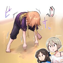  3girls barefoot bent_over black_pants blonde_hair blue_jacket bra_strap breasts brown_eyes brown_hair capri_pants cleavage collarbone commentary downblouse failure gojarun grey_hair hair_between_eyes idolmaster idolmaster_cinderella_girls inset jack-o&#039;_challenge jacket legs_apart long_hair motion_lines multicolored_hair multiple_girls ninomiya_asuka off_shoulder orange_hair pants parted_hair parted_lips purple_hair reaching shiomi_syuko shirt short_hair speech_bubble stretching surprised tachibana_arisu torn_clothes torn_shirt track_jacket translated twitter_username two-tone_hair white_jacket white_shirt wide-eyed 