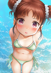  :o arms_behind_back bikini blush breasts brown_hair collarbone double_bun female green_bikini hair_bun hair_ornament hair_scrunchie highres idolmaster idolmaster_cinderella_girls looking_at_viewer munakata_atsumi naharyou navel purple_eyes scrunchie small_breasts solo swimsuit 