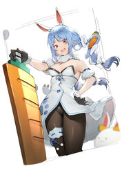  :d absurdres animal_ear_fluff animal_ears armpits bare_shoulders black_gloves black_leotard black_pantyhose blue_hair blurry blurry_foreground braid breasts carrot carrot_hair_ornament cowboy_shot depth_of_field detached_sleeves don-chan_(usada_pekora) dress extra_ears female food food-themed_hair_ornament from_below fur-trimmed_gloves fur_trim gloves hair_ornament hand_on_hilt highres hikimayu holding holding_carrot holding_food holding_sword holding_vegetable holding_weapon hololive kotoribako leotard long_hair looking_at_viewer looking_down multicolored_hair open_mouth orange_eyes pantyhose pekomon_(usada_pekora) puffy_short_sleeves puffy_sleeves rabbit-shaped_pupils rabbit_ears rabbit_girl round_teeth short_eyebrows short_sleeves small_breasts smile solo_focus strapless strapless_leotard sword symbol-shaped_pupils teeth thick_eyebrows thigh_strap twin_braids two-tone_hair upper_teeth_only usada_pekora usada_pekora_(1st_costume) v-shaped_eyebrows vegetable virtual_youtuber weapon white_dress white_hair 