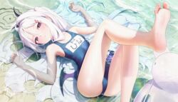  ahoge aya_(lezon) bare_arms bare_legs bare_shoulders barefoot blue_archive blue_one-piece_swimsuit eyes_visible_through_hair feet female foot_focus foot_out_of_frame foreshortening hair_between_eyes hair_ornament hair_spread_out hair_tie hairclip highres hina_(blue_archive) hina_(swimsuit)_(blue_archive) horns leg_up legs long_hair looking_at_viewer low_wings lying name_tag on_back one-piece_swimsuit one_side_up parted_bangs partially_submerged purple_eyes school_swimsuit soles solo spread_toes swimsuit toes very_long_hair water wet white_hair wings 