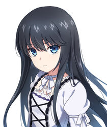  black_hair blue_eyes choker closed_mouth criss-cross_halter dress female floating_hair frown hair_between_eyes halterneck lolita_fashion long_hair looking_at_viewer minamiya_natsuki ribbon ribbon_choker simple_background solo straight_hair strike_the_blood upper_body very_long_hair white_background white_dress white_ribbon yozo_(yozo2000) 