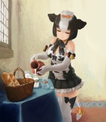  animal_ears animal_print aoi_suzu_(kurone) bare_shoulders basket bell black_hair black_skirt bottle bow bowtie bread closed_eyes cow_ears cow_girl cow_print cow_tail day detached_collar drink elbow_gloves eyelashes feet_out_of_frame female fine_art_parody food frilled_skirt frills gloves hair_between_eyes hairbow highres holstein_friesian_cattle_(kemono_friends) indoors kemono_friends lips medium_hair microskirt milk milk_bottle multicolored_hair parody pouring print_gloves print_shirt print_thighhighs shirt skirt sleeveless sleeveless_shirt solo standing table tablecloth tail the_milkmaid thighhighs two-tone_hair white_hair window zettai_ryouiki 