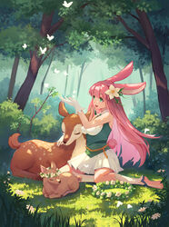  afk_arena animal animal_ears bug bush butterfly character_request day deer fawn female flower forest gloves green_eyes hair_flower hair_ornament head_wreath highres leaf long_hair lyca_(afk_arena) naimiaomiaomiaomiao nature outdoors pink_hair pleated_skirt rabbit_ears skirt solo sunlight tree white_gloves 