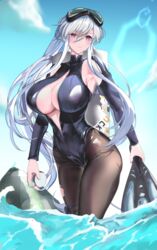  absurdres azur_lane black_wetsuit breasts center_opening commentary_request diving_mask diving_suit enterprise_(azur_lane) enterprise_(diving_under_blue_skies)_(azur_lane) female goggles goggles_on_head grey_hair highres large_breasts long_hair minuo_songshu official_alternate_costume open_clothes open_wetsuit pantyhose purple_eyes swim_goggles torn_clothes wading 