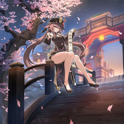  absurdres alternate_costume architecture bare_legs black_headwear breasts brown_hair cherry_blossoms china_dress chinese_clothes cleavage_cutout clothing_cutout detached_sleeves dress east_asian_architecture falling_petals female full_body genshin_impact grin highres holding holding_brush holding_scroll hu_tao_(genshin_impact) liyue_harbor long_hair night night_sky on_railing outdoors petals railing red_eyes scroll sitting sky small_breasts smile solo star_(sky) starry_sky symbol-shaped_pupils thighs twintails xin_(zinc) 