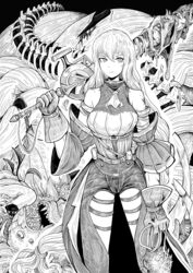  absurdres arknights belt blood blood_on_weapon breasts creature extra_eyes female fol463 gloves greyscale heart_(organ) highres holding holding_heart_(organ) holding_sword holding_weapon long_hair looking_at_viewer medium_breasts monochrome monster open_mouth skadi_(arknights) skadi_(elite_ii)_(arknights) spine sword weapon 