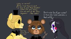  2022 animatronic annoyed anthro asking asking_another asking_why atmospheric_sound_effect bear black_body black_hair black_sclera blonde_hair blue_eyes blush blush_stickers bodily_fluids bow_(feature) bow_tie brown_body brown_hair bust_portrait clothing color_coded color_coded_text command compliment cross-popping_vein dialogue digital_media_(artwork) english_text facial_markings female five_nights_at_freddy&#039;s five_nights_at_freddy&#039;s_2 freckles freddy_(fnaf) frown golden_freddy_(fnaf) group hair hat head_markings headgear headwear hi_res humanoid iconography lipstick machine makeup mammal marionette_(fnaf) markings meme menacing_(meme) nude onomatopoeia outline partial_speech_bubble portrait pupils question question_mark questioning_tone robot scottgames sibling_(lore) sister_(lore) sisters_(lore) smile sound_effects talking_to_another tear_(marking) tears term_of_endearment text top_hat trio void_eyes white_pupils yellow_body yes-no_question zhenai 