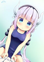  beads blue_eyes blunt_bangs blush breasts dragon_girl dragon_horns dutch_angle female hair_beads hair_ornament hairband highres horns inakami jitome kanna_kamui kobayashi-san_chi_no_maidragon light_purple_hair long_hair school_swimsuit small_breasts straddling swimsuit twintails 