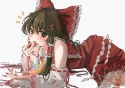  absurdres ambiguous_red_liquid ascot bare_shoulders bow brown_eyes brown_hair commentary detached_sleeves female frilled_bow frills grey_background hair_tubes hairbow hakurei_reimu hand_to_own_mouth highres long_hair looking_at_viewer lying oerba_yun_fang on_side open_mouth red_bow ribbon-trimmed_legwear ribbon-trimmed_sleeves ribbon_trim simple_background skin_fang solo touhou very_long_hair wide_sleeves wwparasi 