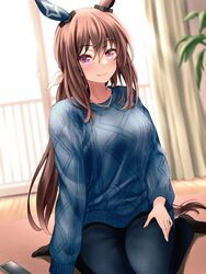  admire_vega_(umamusume) animal_ears blue_sweater breasts brown_hair casual cellphone female horse_ears horse_girl horse_tail jewelry large_breasts long_hair low_ponytail necklace pearl_necklace phone purple_eyes red_hayao sitting smartphone smile sweater tail umamusume wariza 