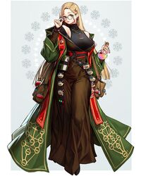  blonde_hair book brown_skirt coat earrings female flask full_body glasses glint green_coat green_eyes hair_ornament hand_up highres jewelry long_hair long_skirt long_sleeves looking_at_viewer necklace off_shoulder original parted_lips print_coat rinotuna sefirot skirt smile solo standing star_(symbol) star_earrings star_hair_ornament 