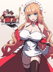  5girls aqua_eyes azur_lane bare_shoulders black_gloves black_thighhighs blonde_hair breasts cake cake_slice cherry chibi chibi_inset cleavage collarbone commentary duke_of_york_(azur_lane) english_commentary food fork fruit gloves heart highres howe_(azur_lane) howe_(pastry_princess)_(azur_lane) king_george_v_(azur_lane) kotalier large_breasts long_hair maid_headdress mini_person minigirl monarch_(azur_lane) multiple_girls official_alternate_costume pink_hair prince_of_wales_(azur_lane) red_hair thighhighs very_long_hair 