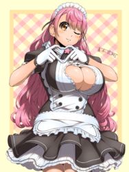  aizono_manami aizono_manami_(1st_costume) apron black_ribbon breasts checkered_background cleavage cleavage_cutout closed_mouth clothing_cutout curly_hair female gloves hair_ribbon heart heart_cutout heart_hands highres huge_breasts light_smile long_hair looking_at_viewer maid maid_apron maid_headdress maki_yoshitake multicolored_background nijisanji one_eye_closed orange_eyes pink_hair puffy_short_sleeves puffy_sleeves ribbon short_eyebrows short_sleeves solo thick_eyebrows virtual_youtuber white_gloves 