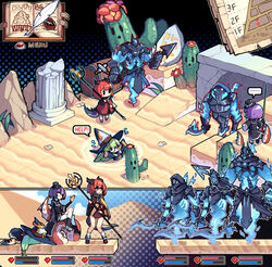  ... 3girls black_footwear black_shirt blue_dress book cactus chibi dragon_horns dragon_tail dress english_text fake_screenshot fantasy flower flying_sweatdrops gameplay_mechanics ghost glasses green_hair hat health_bar heart heterochromia highres holding holding_polearm holding_staff holding_sword holding_weapon horns inkwell kotoba_(1074421015) long_hair long_sleeves loose_socks monster multiple_girls original pillar polearm purple_hair quicksand quill red_dress red_footwear red_hair shirt shoes short_hair smile socks spear spoken_ellipsis staff sword tail tentacle thighhighs weapon white_legwear witch_hat 