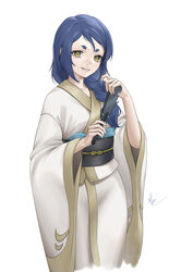  absurdres blue_hair braid cropped_legs female folded_fan folding_fan hand_fan highres japanese_clothes kimono long_hair looking_at_viewer manon_libelle mian_li obi sash shokei_shoujo_no_virgin_road signature smile thick_eyebrows white_background white_kimono yellow_eyes 