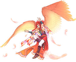  1boy braid falling_feathers feathered_wings feathers flying harukanaru_toki_no_naka_de harukanaru_toki_no_naka_de_4 headband kiske large_wings long_hair male_focus multiple_braids outstretched_arms red_feathers red_hair sandals sazaki shawl solo toeless_footwear toes toned toned_male wings 