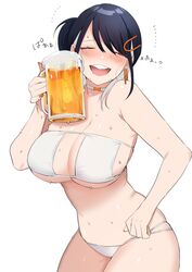  absurdres alcohol bare_shoulders beer beer_mug bikini black_hair blush breasts choker cleavage closed_eyes collarbone colored_inner_hair cup drunk eyepatch_bikini female fingernails highres holding holding_cup indie_virtual_youtuber large_breasts medium_hair mug multicolored_hair navel open_mouth orange_nails shirasu_(mashiro_(rikuya)) shirasu_uni short_ponytail simple_background smile solo sweat swept_bangs swimsuit virtual_youtuber white_background white_bikini white_hair 