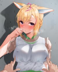  ahoge animal_ears blonde_hair blush braid breast_poke breasts breath casual covered_nipples female fox_ears fox_girl french_braid frikulu highres hololive medium_breasts meme multicolored_hair nipple_guessing_game_(meme) official_alternate_costume official_alternate_hair_length official_alternate_hairstyle omaru_polka omaru_polka_(street_casual) pink_hair poking purple_eyes shadow solo steam streaked_hair sweat upper_body virtual_youtuber 