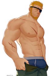  1boy abs bara biceps blonde_hair bulge bulge_lift dressing eyepatch feet_out_of_frame gyee hidora_art highres i&#039;ve_never_seen_a_guy_recreate_this_successfully_tbh_(meme) large_pectorals looking_at_bulge looking_down male_focus manly markus_(gyee) mature_male meme muscular muscular_male nipples open_pants pants pants_lift pectorals scar scar_on_arm scar_on_chest scar_on_face simple_background solo spiked_hair thick_eyebrows topless_male undersized_clothes underwear white_background yellow_eyes 