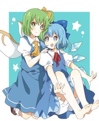  2girls ascot barefoot bloomers blue_dress blue_eyes blue_hair blush bobby_socks cirno clip_studio_paint_(medium) daiyousei dot_nose dress fairy_wings green_eyes green_hair hair_between_eyes hair_ribbon highres ice ice_wings kneeling looking_at_viewer multiple_girls namori_(style) one_side_up open_mouth pinafore_dress puffy_short_sleeves puffy_sleeves ribbon sasaki_sakiko shirt shoes short_hair short_sleeves sitting sleeveless sleeveless_dress smile socks touhou underwear white_shirt wings yellow_ascot yellow_ribbon 