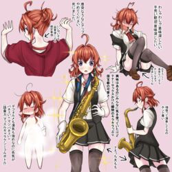  ahoge arashi_(kancolle) black_skirt black_thighhighs black_vest chaos_0829 dress_shirt female gloves highres holding holding_instrument holding_saxophone instrument kantai_collection kerchief messy_hair miniskirt music neckerchief playing_instrument pleated_skirt red_hair red_neckerchief saxophone shirt skirt tenor_saxophone thighhighs translation_request vest white_gloves white_shirt yellow_eyes 