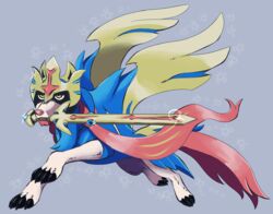  abbystabby canine claws commentary creature dog_focus english_commentary fangs full_body gen_8_pokemon grey_background mouth_hold no_humans pokemon pokemon_(creature) simple_background solo star starry_background sword weapon yellow_eyes zacian zacian_(crowned) 