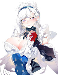  azur_lane belfast_(azur_lane) braid breasts broken broken_chain buttons chains cleavage commentary double-breasted female french_braid frilled_gloves frills gloves highres large_breasts long_hair looking_away looking_to_the_side maid_headdress purple_eyes rairyu_(samurai996007) red_gloves simple_background solo underbust upper_body very_long_hair white_background white_hair 