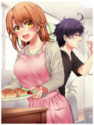  1boy :d ahoge apron black_hair black_shirt blush border brown_hair closed_eyes couple female grey_sweater hair_between_eyes highres hikigaya_hachiman holding isshiki_iroha jewelry long_hair long_sleeves messy_hair open_mouth pink_apron profile red_hayao ring shirt short_hair short_sleeves smile straight sweater tears wedding_ring white_border yahari_ore_no_seishun_lovecome_wa_machigatteiru. yawning yellow_eyes 