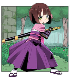  armor brown_hair bushidou_(sekaiju) bushidou_4_(sekaiju) commentary female flower green_eyes hair_flower hair_ornament hakama hakama_skirt japanese_armor japanese_clothes katana kimono kote obi outdoors sandals sash sekaiju_no_meikyuu sekaiju_no_meikyuu_1 short_hair skirt solo sword tonmoh weapon zouri 