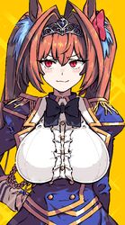  animal_ears black_bow black_bowtie blush bow bowtie breasts closed_mouth commentary_request daiwa_scarlet_(umamusume) epaulettes female horse_ears horse_girl kingbawoon korean_commentary large_breasts long_hair looking_to_the_side orange_background red_eyes red_hair smile solo tiara twintails umamusume 