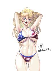  ahoge american_flag american_flag_bikini american_flag_print arms_behind_head artist_name ass_visible_through_thighs bikini blonde_hair blue_eyes breasts commentary_request cowboy_shot female flag_print highres iowa_(kancolle) kamimon_(schwarzkap) kantai_collection large_breasts long_hair print_bikini simple_background solo standing swimsuit twitter_username white_background 