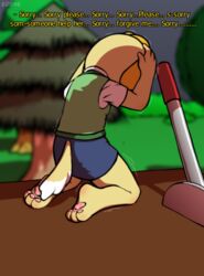  3_toes absurd_res animal_crossing anthro ass barefoot bodily_fluids bottomwear canid canine canis clothed clothing crying death digital_media_(artwork) dog_tail domestic_dog e254e english_text execution executioner expressions eyeshadow feels feet female forest fur furgonomics guilty hi_res isabelle_(animal_crossing) kneeling makeup mammal monotone_bottomwear monotone_clothing monotone_skirt nintendo plant sad skirt solo subtitled tail tail_through_skirt tears text toes tree unintentionally_funny why yellow_body yellow_fur 