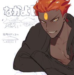  1boy 2girls ashwatthama_(fate) bad_id bad_twitter_id dark-skinned_male dark_skin fate/grand_order fate_(series) looking_at_viewer multiple_girls muscular muscular_male open_clothes red_hair semi_(p-poco) short_hair simple_background smile solo_focus teeth text_background topless_male trung_nhi_(fate) trung_trac_(fate) upper_body white_background yellow_eyes 