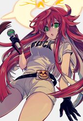  belt black_gloves breasts broken_halo denim denim_shorts english_text female gloves green_eyes guilty_gear guilty_gear_strive guilty_gear_strive_x_tower_records hair_between_eyes halo highres jack-o&#039;_valentine long_hair mako_gai medium_breasts microphone multicolored_hair open_mouth red_hair shirt shorts solo spiked_halo tower_records two-tone_hair white_hair white_shirt 