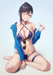  ;) absurdres barefoot bikini black_bikini black_hair blue_jacket breasts cleavage closed_mouth collarbone commission eyewear_hang female full_body gradient_hair grey_background halterneck highres holding jacket long_hair long_sleeves looking_at_viewer lotion_bottle multicolored_hair o-ring o-ring_bikini off_shoulder one_eye_closed open_clothes open_jacket original pixiv_commission purple_eyes purple_hair silver_tokki simple_background single_bare_shoulder single_sidelock sitting smile solo sunglasses swimsuit thigh_strap unworn_eyewear yokozuwari 