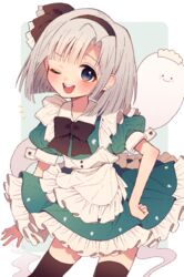  ;d alternate_costume apron aqua_background black_bow black_bowtie black_hairband black_thighhighs blue_eyes blush blush_stickers bob_cut bow bowtie buttons collared_dress commentary_request dress enmaided eyelashes female frilled_apron frills green_dress hairband hand_on_own_hip highres hitodama_print konpaku_youmu konpaku_youmu_(ghost) looking_at_viewer maid notice_lines one_eye_closed open_mouth outside_border puffy_short_sleeves puffy_sleeves short_sleeves smile solo standing thighhighs touhou touya_(konpekitou) waist_apron white_apron white_hair wing_collar 