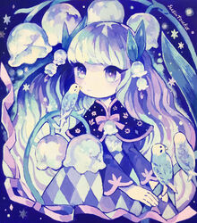  ._. absurdres acrylic_paint_(medium) animal argyle_clothes argyle_dress artist_name bird black_eyes blue_background blush bright_pupils capelet closed_mouth commentary_request dress eye_contact female flat_chest floral_print flower glowing hair_flower hair_ornament highres light_blush lily_of_the_valley long_hair long_sleeves looking_at_another original oversized_object painting_(medium) parakeet pink_ribbon pink_trim purple_eyes raglan_sleeves ribbon signature solo star_(symbol) susutouka swept_bangs traditional_media very_long_hair wavy_hair white_flower white_pupils 