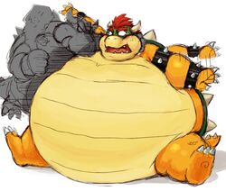  belly big_belly blush bowser bowser&#039;s_inside_story cute_fangs duo huge_belly hyper hyper_belly iwano kemono koopa male mammal mario_and_luigi_(series) mario_bros midbus nintendo obese overweight overweight_male scalie simple_background sitting suid suina sus_(pig) white_background wild_boar 