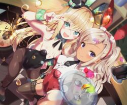  2girls albacore_(azur_lane) alternate_costume anchor_symbol animal_ears archerfish_(azur_lane) archerfish_(coquettish_bunny)_(azur_lane) azur_lane black_legwear black_leotard black_necktie blonde_hair blue_eyes breasts commentary_request cup dark-skinned_female dark_skin detached_collar drinking_glass dutch_angle garter_straps grey_hair hat highres leotard long_hair looking_at_viewer makina9696 mini_hat mini_top_hat multiple_girls neck_ribbon necktie official_alternate_costume pantyhose playboy_bunny purple_eyes rabbit_ears rabbit_tail red_leotard ribbon small_breasts strapless strapless_leotard tail tan tanlines thighhighs top_hat two_side_up wine_glass wrist_cuffs 