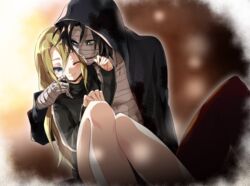  1boy :d ;) bandaged_hand bandaged_head bandages black_cardigan black_pants black_sweater blonde_hair blue_eyes blush brown_eyes cardigan closed_mouth couple female hood hood_up hooded_cardigan isaac_foster long_hair one_eye_closed open_mouth pants rachel_gardner riarashu_(pixiv3133536) satsuriku_no_tenshi sitting sleeves_past_fingers sleeves_past_wrists smile straight straight_hair sweater very_long_hair 