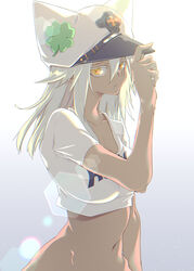  10mo clover collarbone crop_top cropped_shirt dark-skinned_female dark_skin female four-leaf_clover guilty_gear guilty_gear_strive guilty_gear_strive_x_tower_records hair_between_eyes hat highres long_hair looking_at_viewer midriff navel orange_eyes platinum_blonde_hair ramlethal_valentine shirt solo stomach tower_records white_shirt 