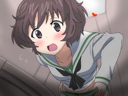  akiyama_yukari black_neckerchief blouse blush brown_eyes brown_hair commentary_request female flying_sweatdrops girls_und_panzer green_panties karuta_(karuta01) leaning_forward long_sleeves looking_at_viewer messy_hair neckerchief no_pants ooarai_school_uniform open_mouth panties panty_pull partial_commentary sailor_collar school_uniform serafuku shirt short_hair solo toilet_stall underwear white_sailor_collar white_shirt 