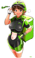  backpack bag bike_shorts breasts brown_hair commentary female food_delivery_box gloves helmet highres insulated_delivery_bag kilesha large_breasts orange_hair original short_hair solo sportswear tan tanlines translated uber_eats watch 