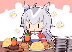  :t animal_ears carrot commentary_request croquette eating female flower food fried_rice gomashio_(goma_feet) grey_hair hamburger_steak horse_ears horse_girl long_hair multicolored_hair oguri_cap_(umamusume) partial_commentary plate plate_stack red_track_suit solo tracen_training_uniform track_suit turtleneck umamusume white_hair 